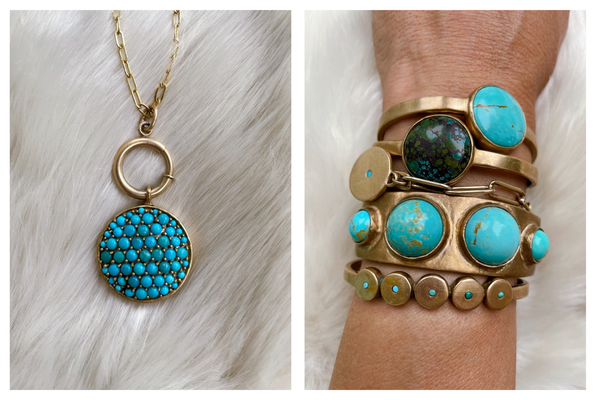 A custom multi-stone turquoise locket hanging on a gold-filled chain and a stack of one-of-a-kind turquoise bracelets