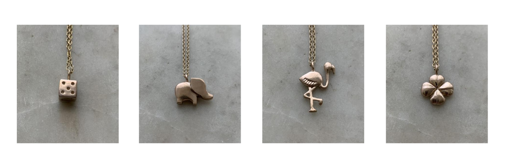 The MIMOSA Handcrafted Gumball Machine Collection Featuring The Dice, Elephant, Flamingo, Four Leaf Clover Pendants