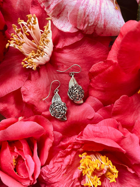 MIMOSA Handcrafted Camellia Flower Earrings in Sterling Silver