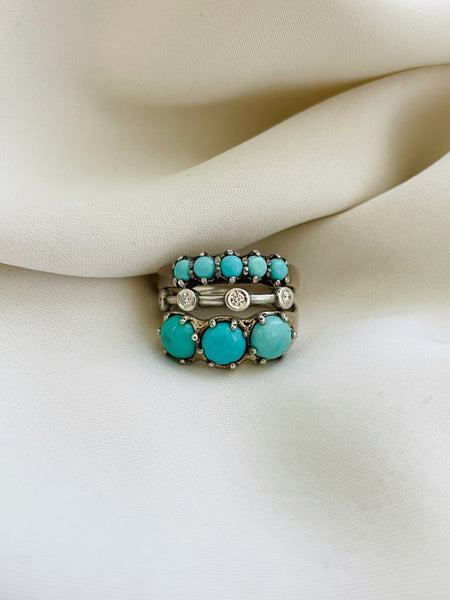 MIMOSA Handcrafted's Margaret and Rosie Turquoise Rings Stacked with a Diamond Dot to Dot Ring