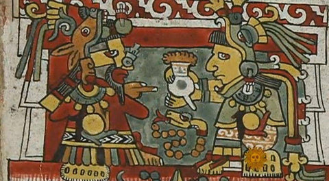 Ancient drawing of Aztecs drinking chocolate