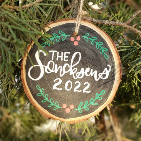 Hand Lettered Family Name Wood Slice Ornaments - Jaded Studios Shop