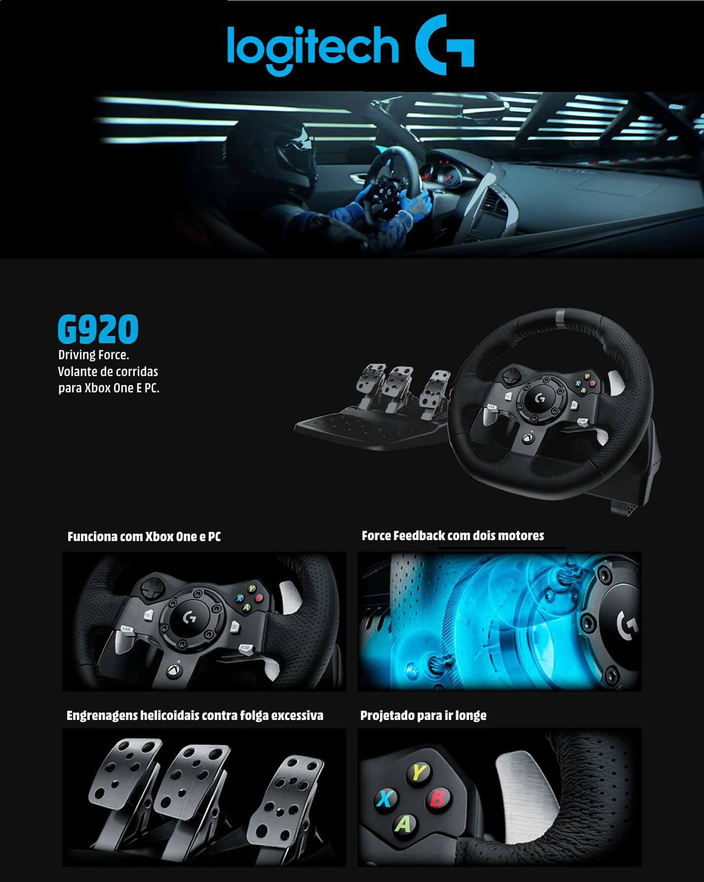 Volante Logitech G920 Driving Force Compatível com Xbox One, PC e