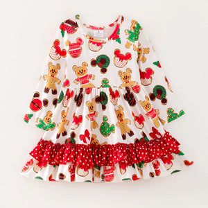 Disney Gingerbread Polka Dot Ruffle Long Sleeve Girls Dress - Three Bees Company