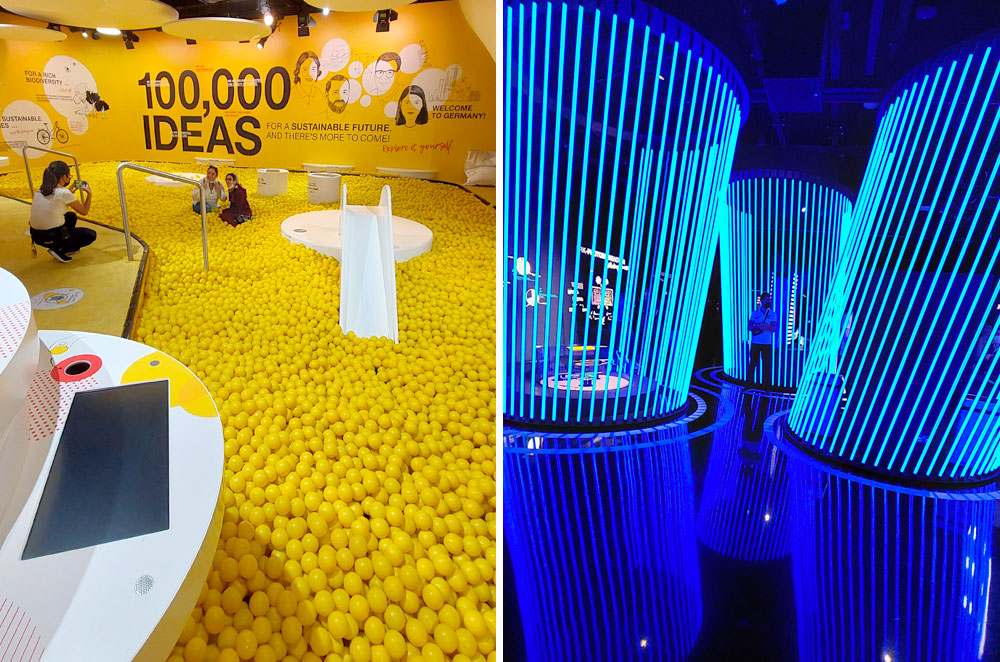 La salle aux 100.000 idées et sa piscine à balles et jeux sur les énergies renouvelables dans le Pavillon de l'Allemagne