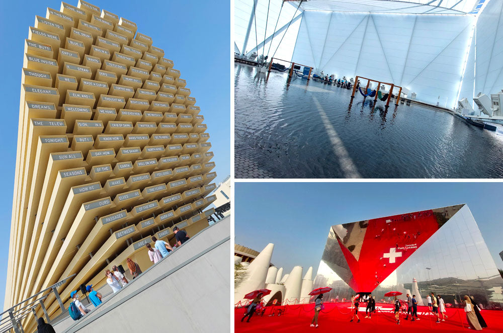 Pavillons du Royaume-Uni, de Suisse et du Brésil sur l'Expo 2020 à Dubaï