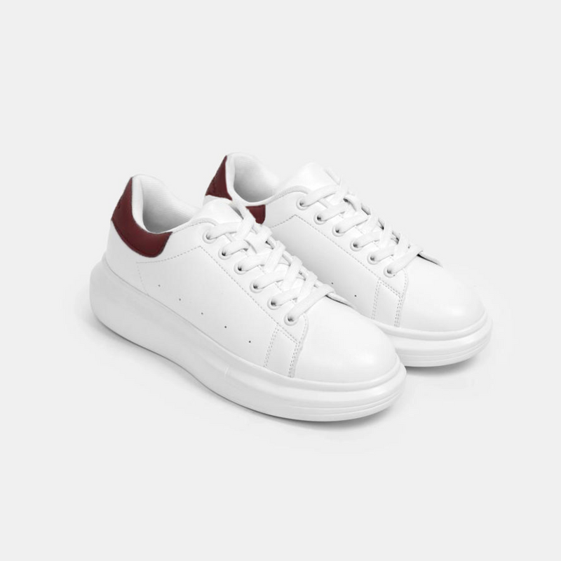 maroon and white tennis shoes