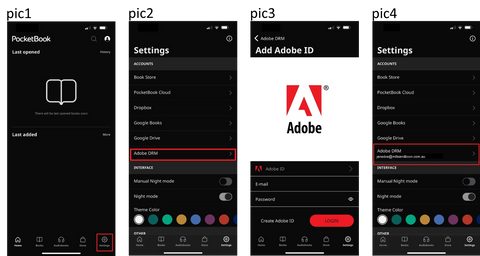 When downloaded, open PocketBook and select: SETTINGS (see pic1) then ADOBE DRM (see pic2).  On next screen (see pic3) enter your ADOBE ID email address and password and once authorised it will show your email address (see pic 4).