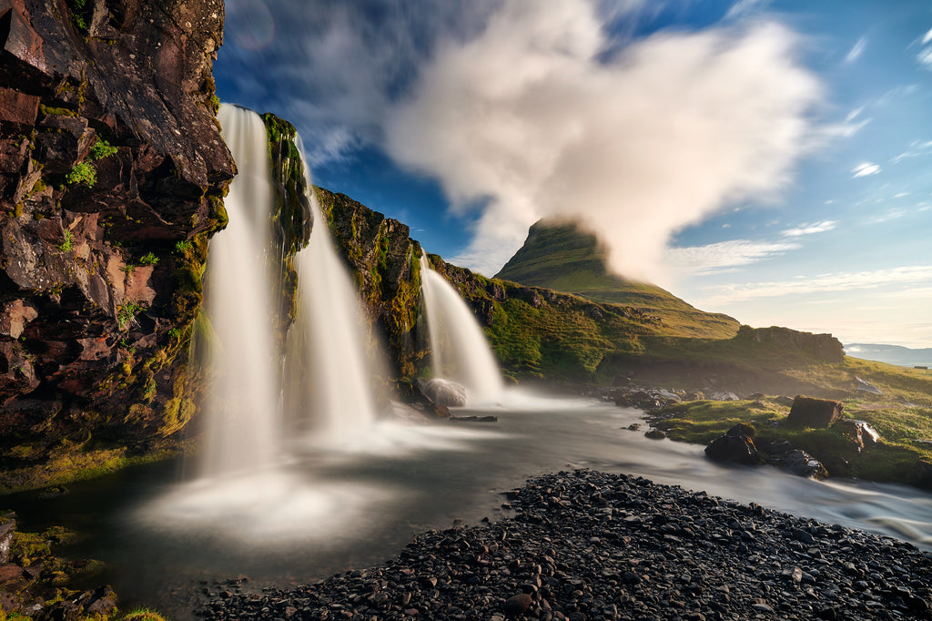 Kirkjufellfoss waterffall in Iceland, photographed with a NiSi landscape polariser and Lee Big Stopper filter