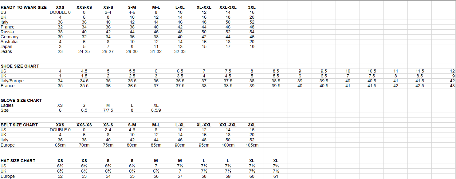 Dior Homme Size Chart