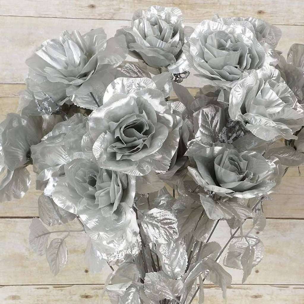 4 Bush 96 Pcs Silver Artificial Giant Silk Open Roses Wedding Flower