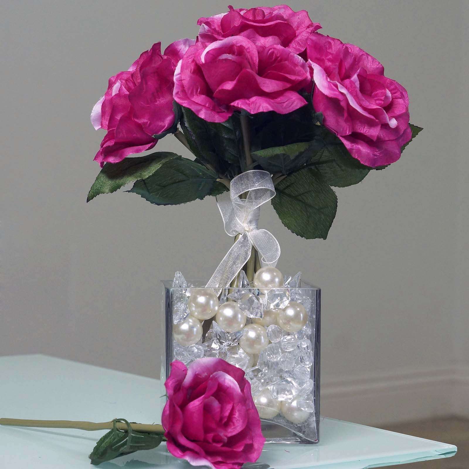 6 Bush 42 Pcs Fushia Artificial Open Roses Flower Bridal Bouquet