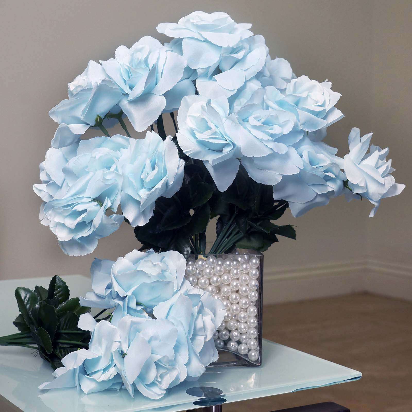 12 Bushes 84 Pcs Baby Blue Artificial Silk Rose Flowers With Green