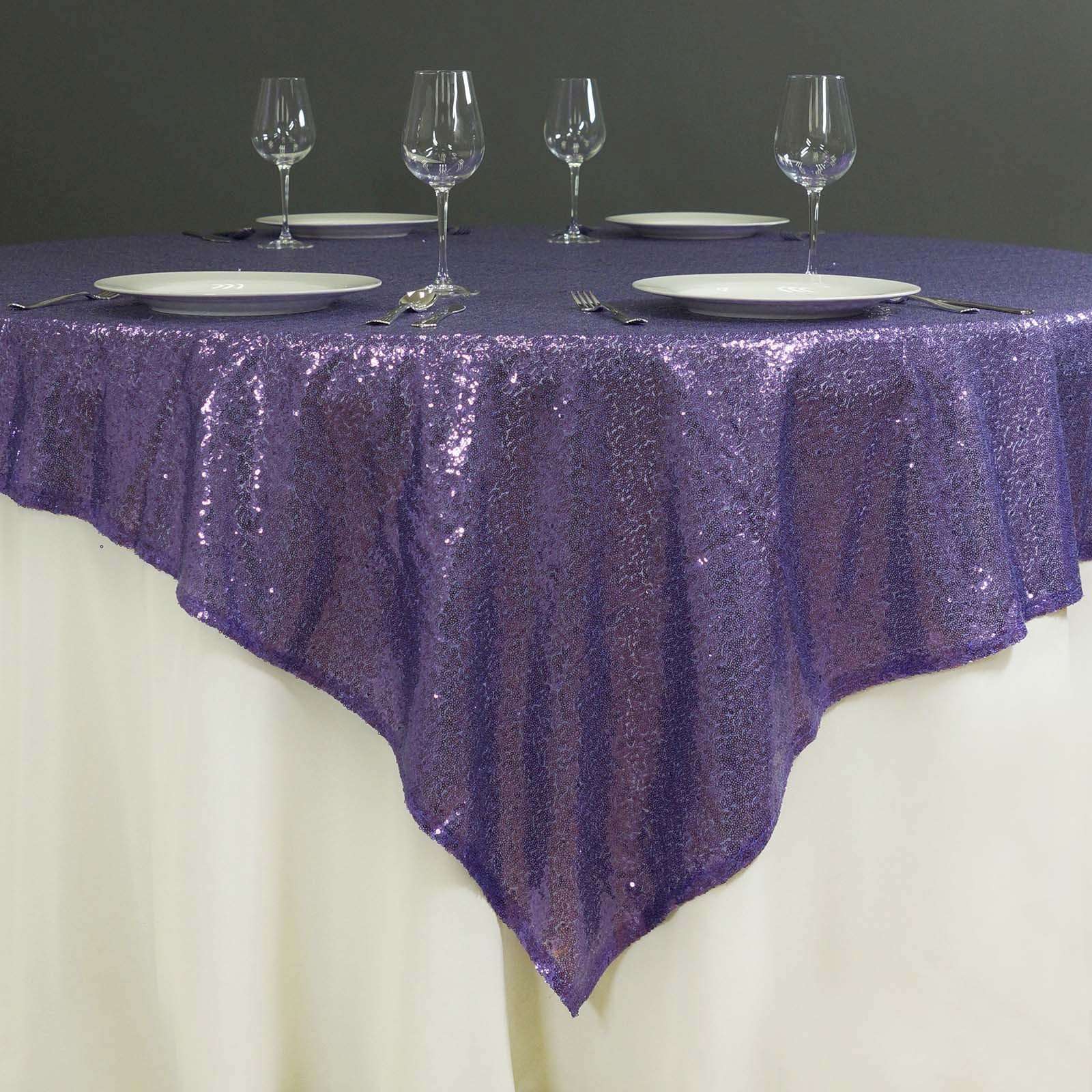 72 Purple Sequin Square Overlay For Wedding Catering Party Table