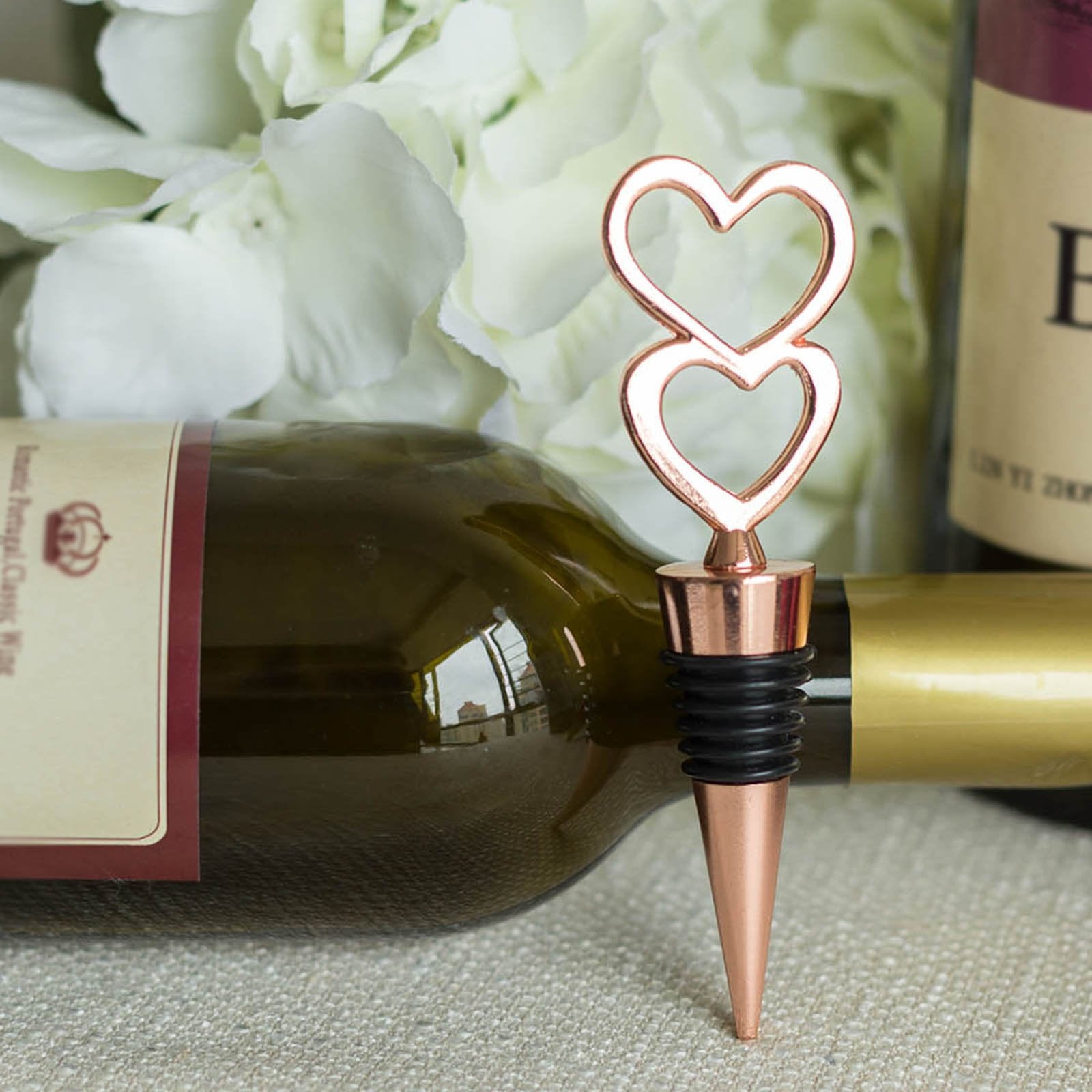 Rose Gold Metal Double Heart Wine Bottle Stopper Wedding Favor