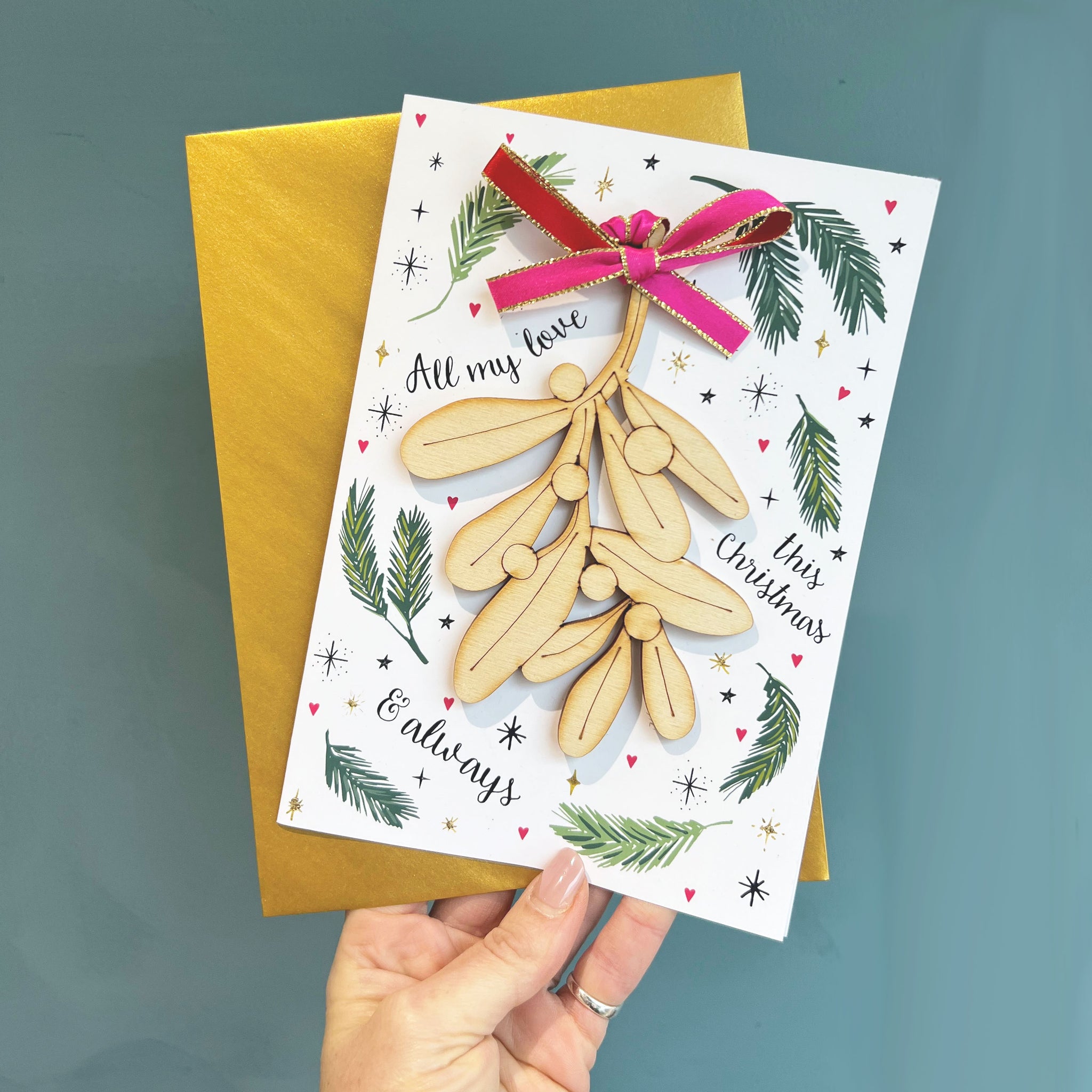 Luxury Christmas Card with Wooden Mistletoe keepsake Hendog Designs