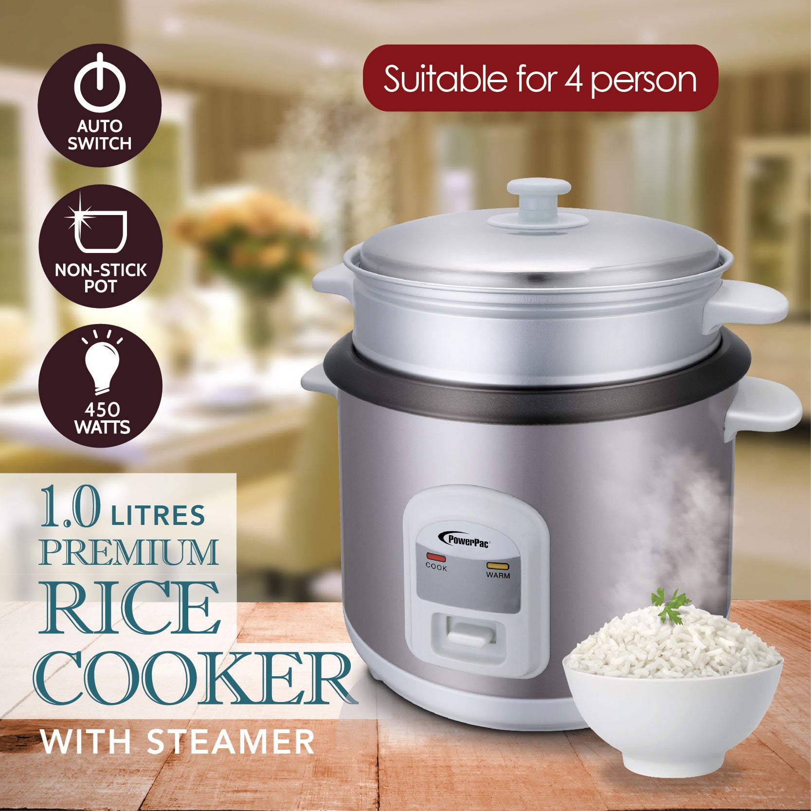 powerpac 1l rice cooker with steamer