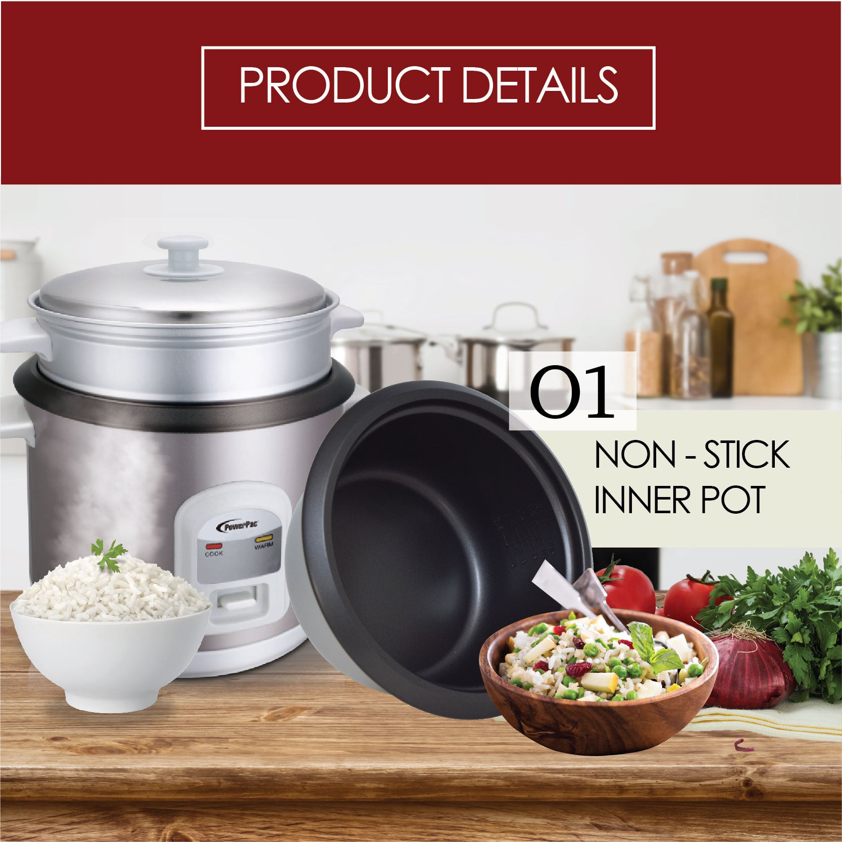 powerpac 1l rice cooker with steamer