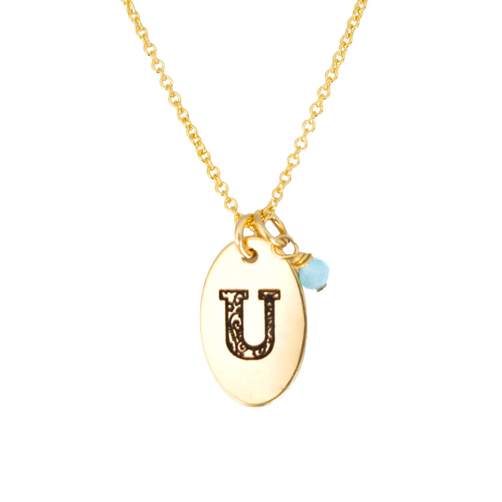 U - Birthstone Love Letters Necklace Gold and Aquamarine