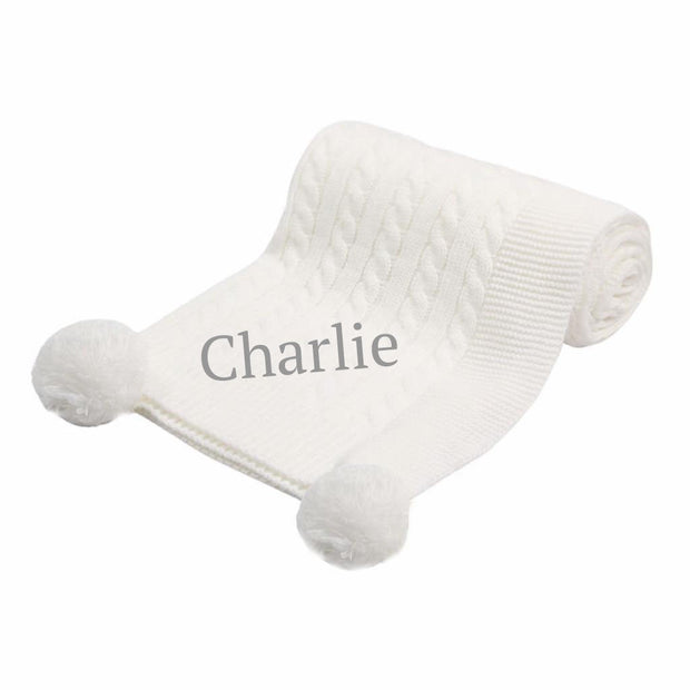 Personalised Embroidered White Elegance Cable Knit Pom Blanket