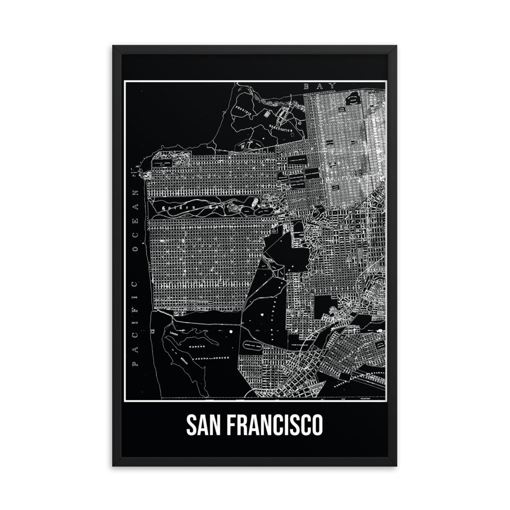 Framed San Francisco Antique Paper Map Black