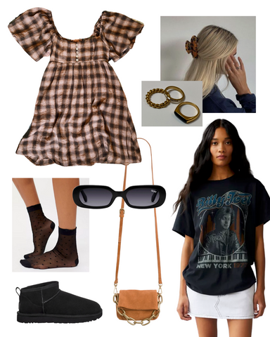 Plaid Dress with Graphic Tee + Uggs and Gold Rings