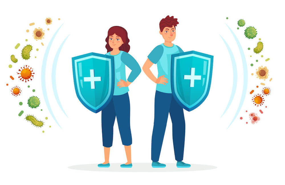 man and woman with shields and swords fighting germs animation