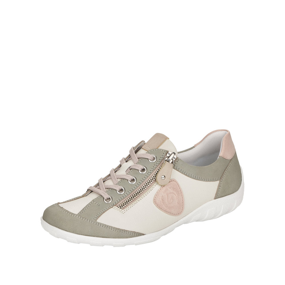 Remonte R3415-81 Ladies Off White And Green Leather Zip & Lace Trainer