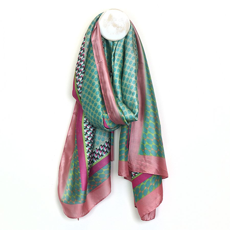 Pom Silky Jade And Teal Mixed Spot Scarf With Raspberry And Blush Bord