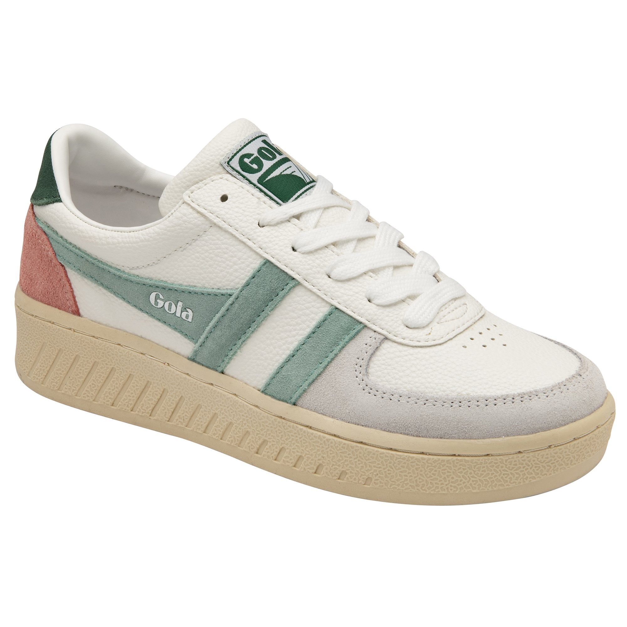 Gola Grandslam Trident Ladies White And Green Leather Lace Up Trainers