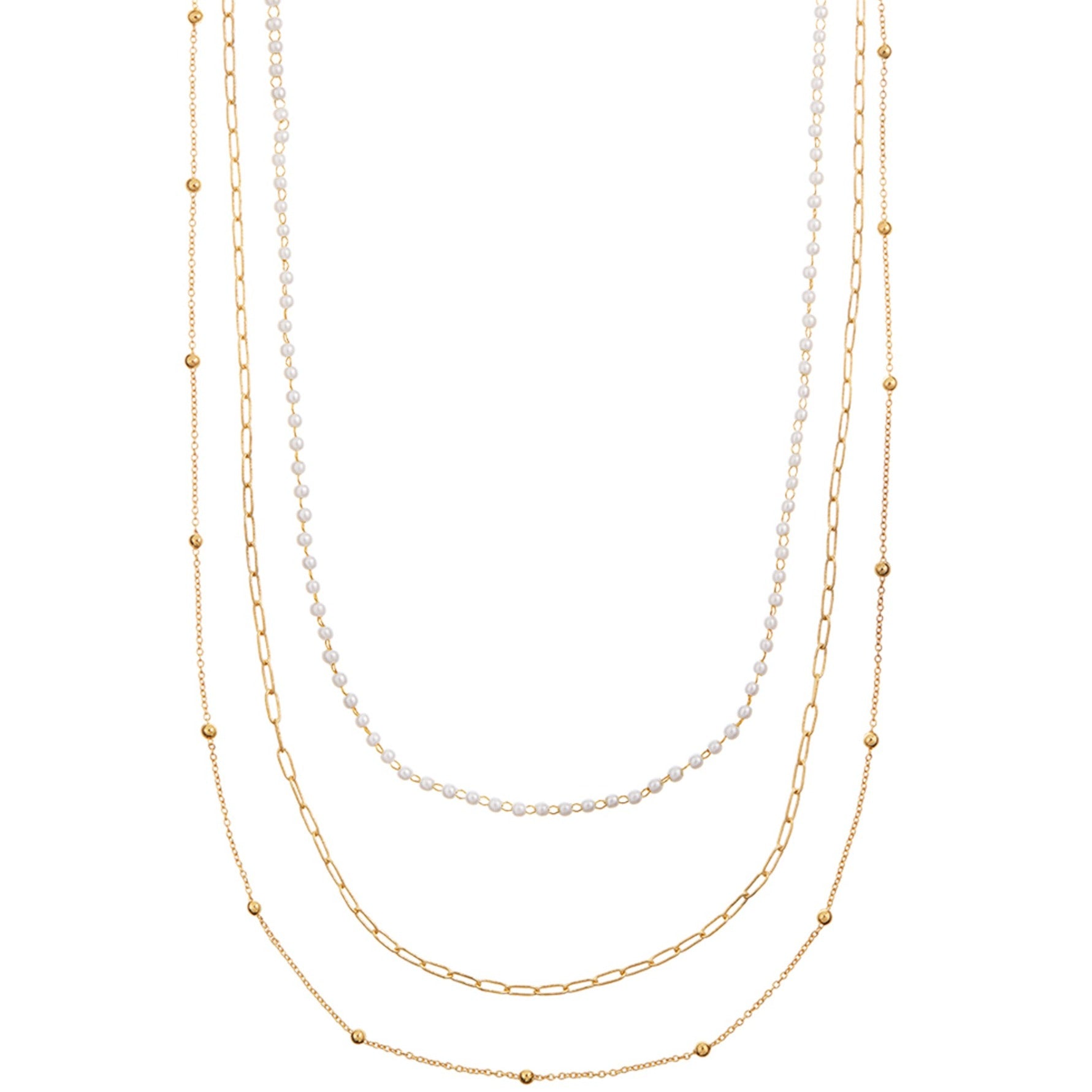 Pearl & Chain 3-Row Long Necklace - Orelia London