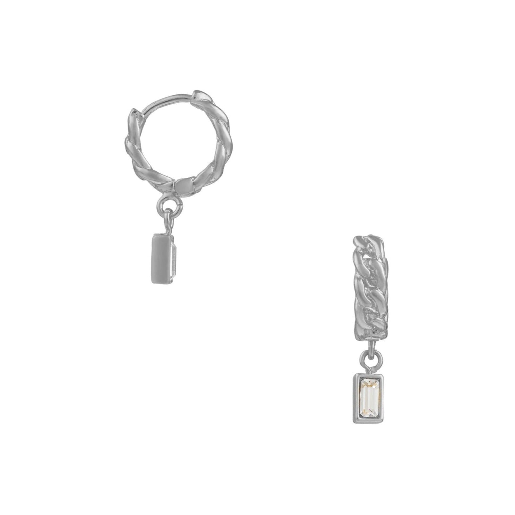 Baguette & Chain Huggie Hoop Earrings Made With Swarovski Crystals - Silver - Orelia London