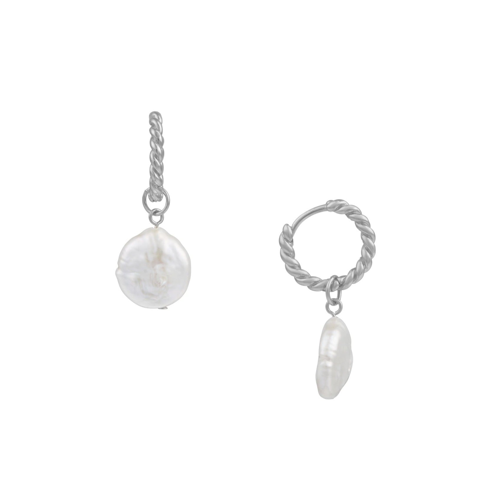 Flat Pearl & Rope Hoop Earrings - Silver - Orelia London