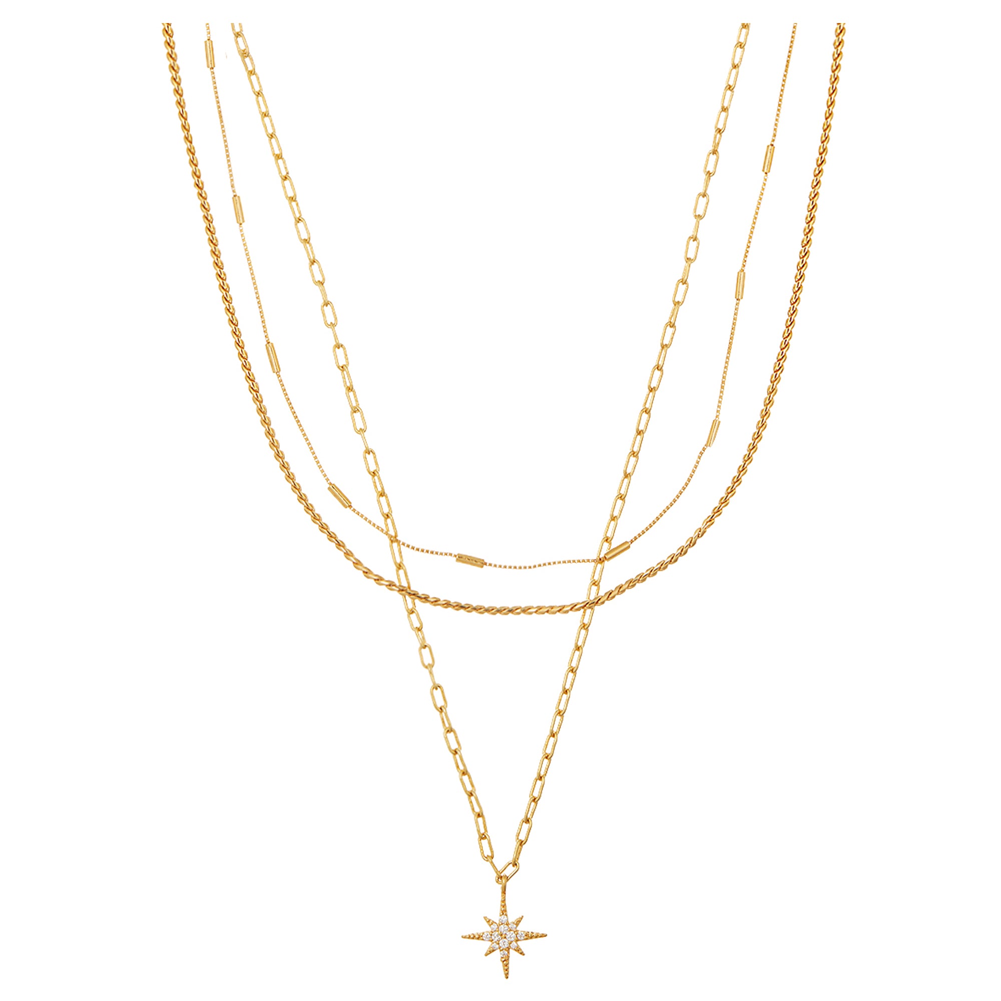 Pavé Starburst & Chain 3-Row Necklace - Gold - Orelia London