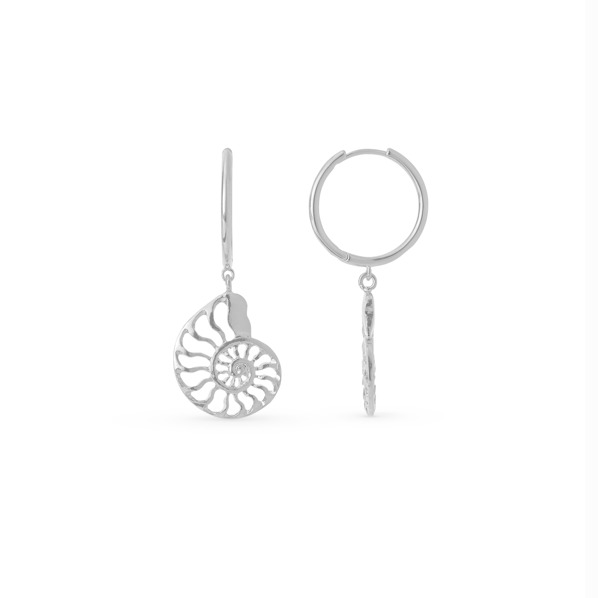 Statement Open Ammonite Drop Hoop Earrings - Silver - Orelia London