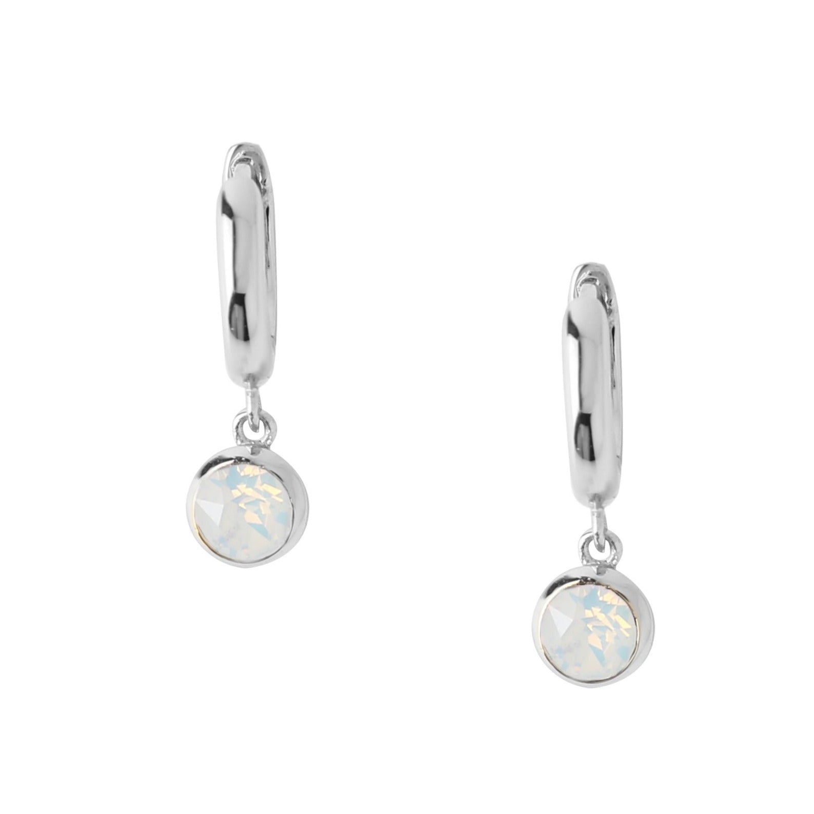 White Opal Drop Huggie Hoop Earrings Made With Swarovski Crystals - Silver - Orelia London