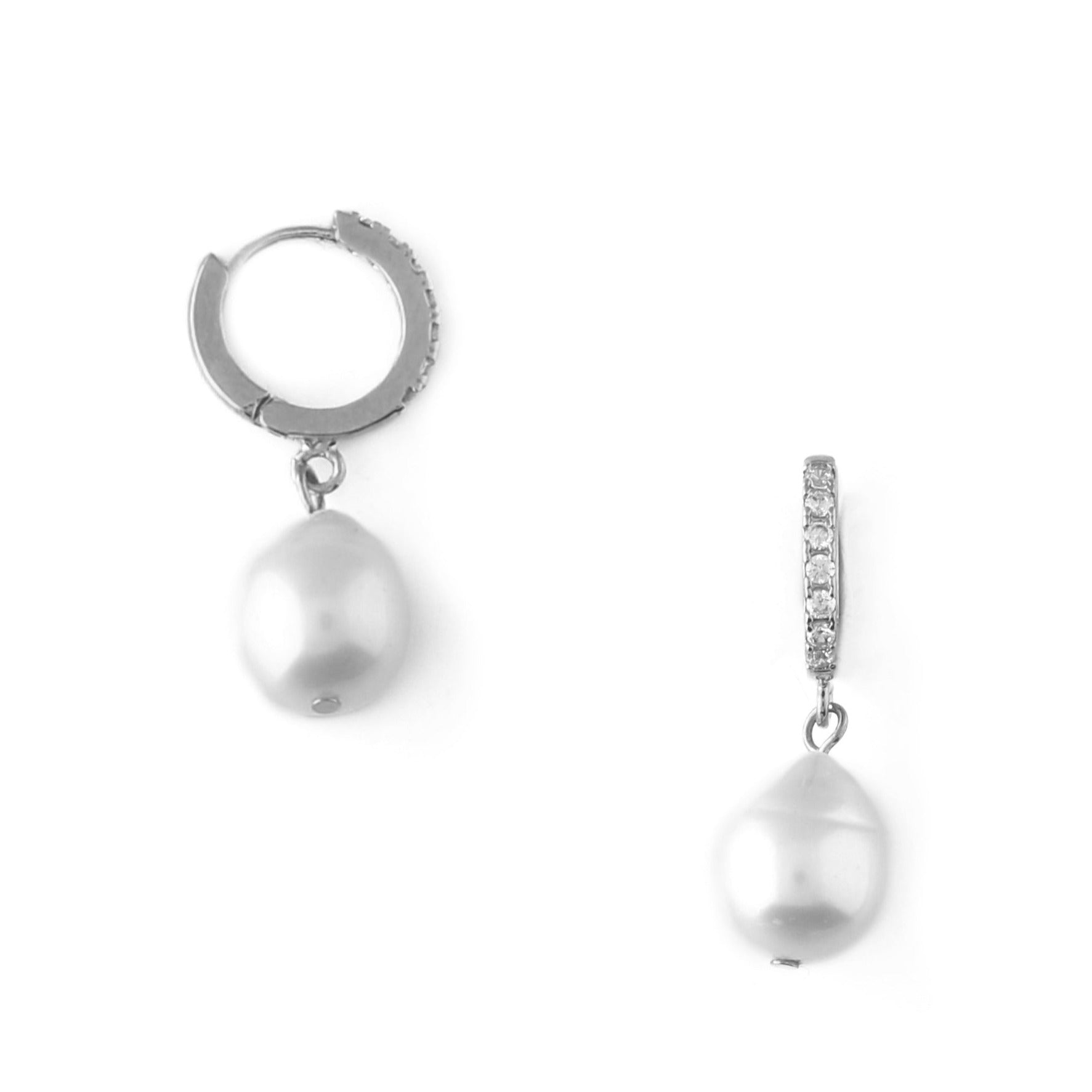 Pearl Drop Pavé Huggie Hoop Earrings - Silver - Orelia London