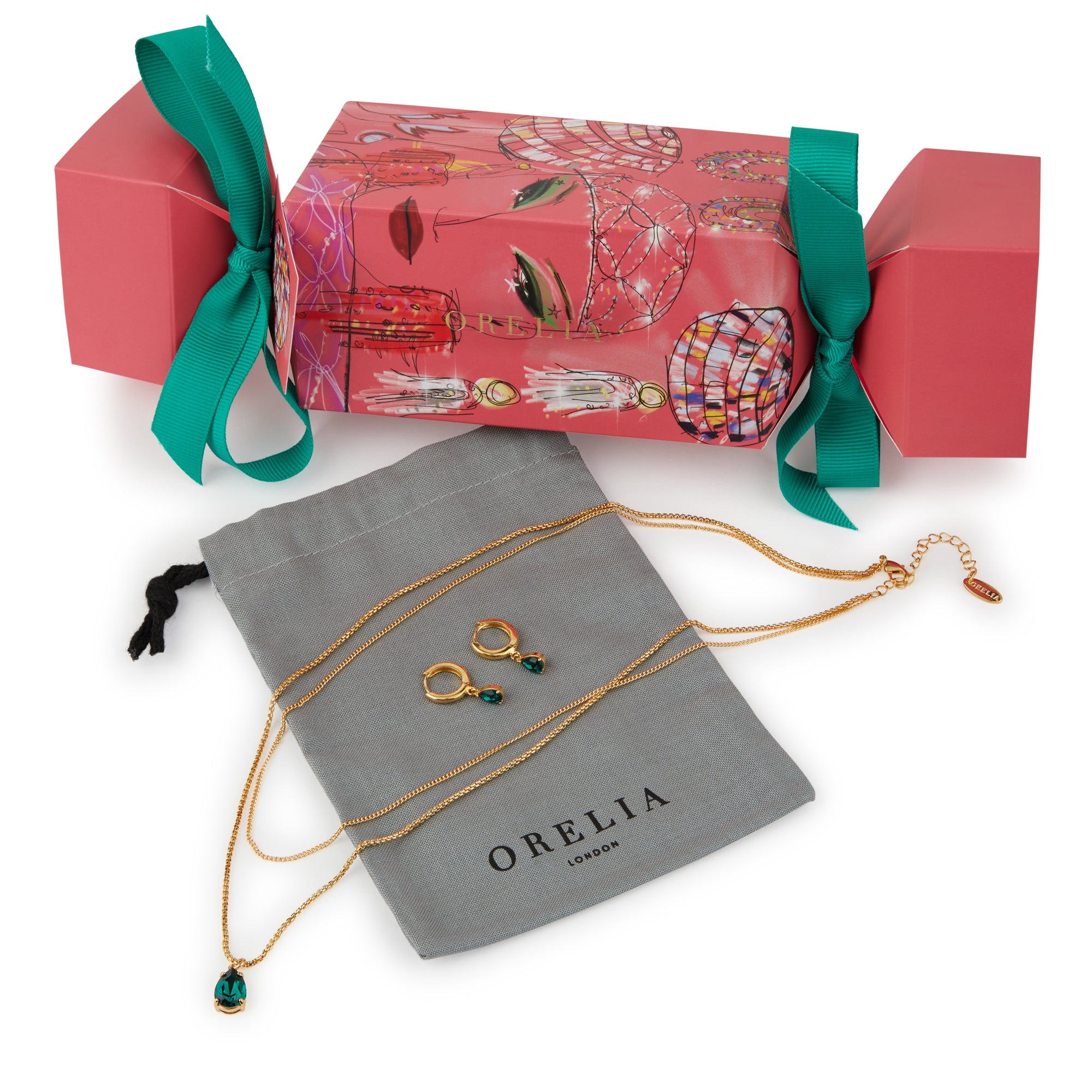 Image of Large Christmas Cracker With Emerald Teardrop Huggie Hoop & Necklace Set Made With Swarovski® Crystals
