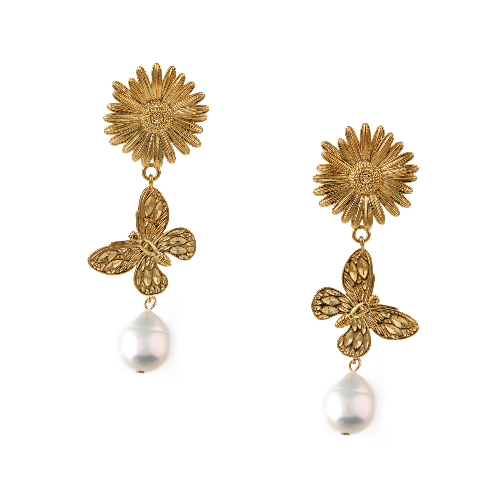 Statement Flower, Butterfly & Pearl Drop Earrings - Orelia London