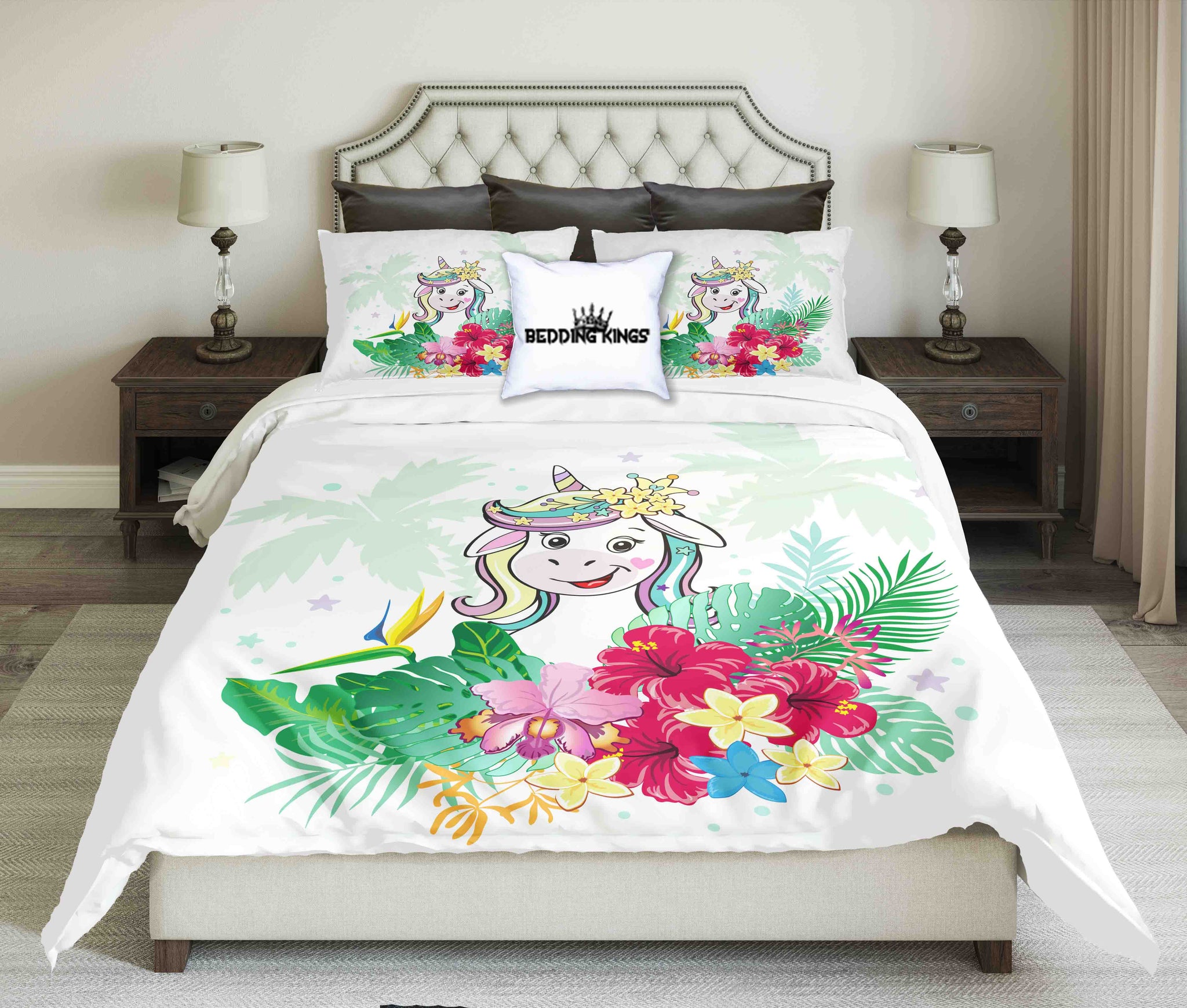 Funny Unicorn On Tropical Background Design Bedding Set