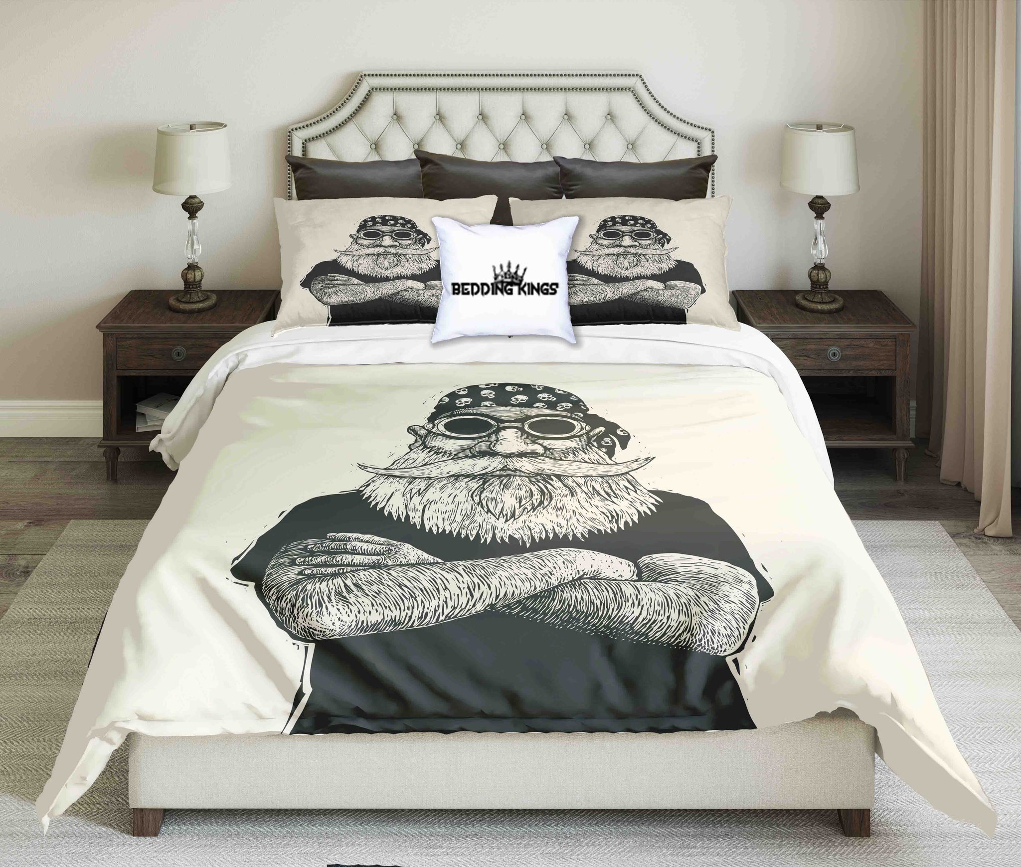 Cool Bearded Biker Beige Black Bedding Set