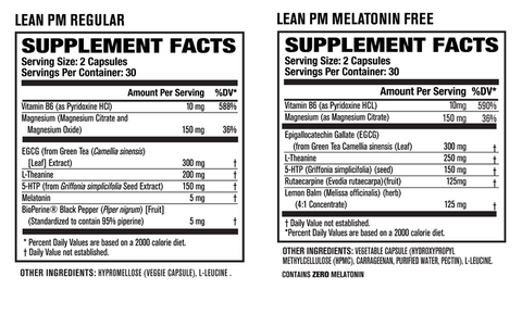 Supplement facts for Jacked Factory's regular and melatonin free Lean PM