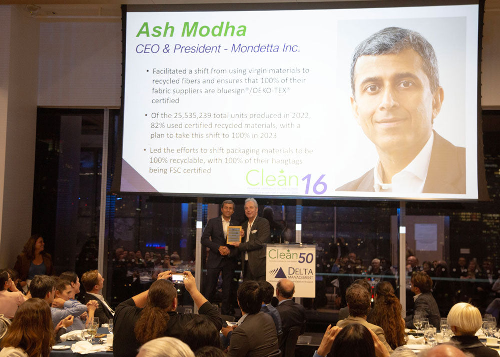 Mondetta CEO Ash Modha receiving Clean50 Award in Winnipeg, Manitoba