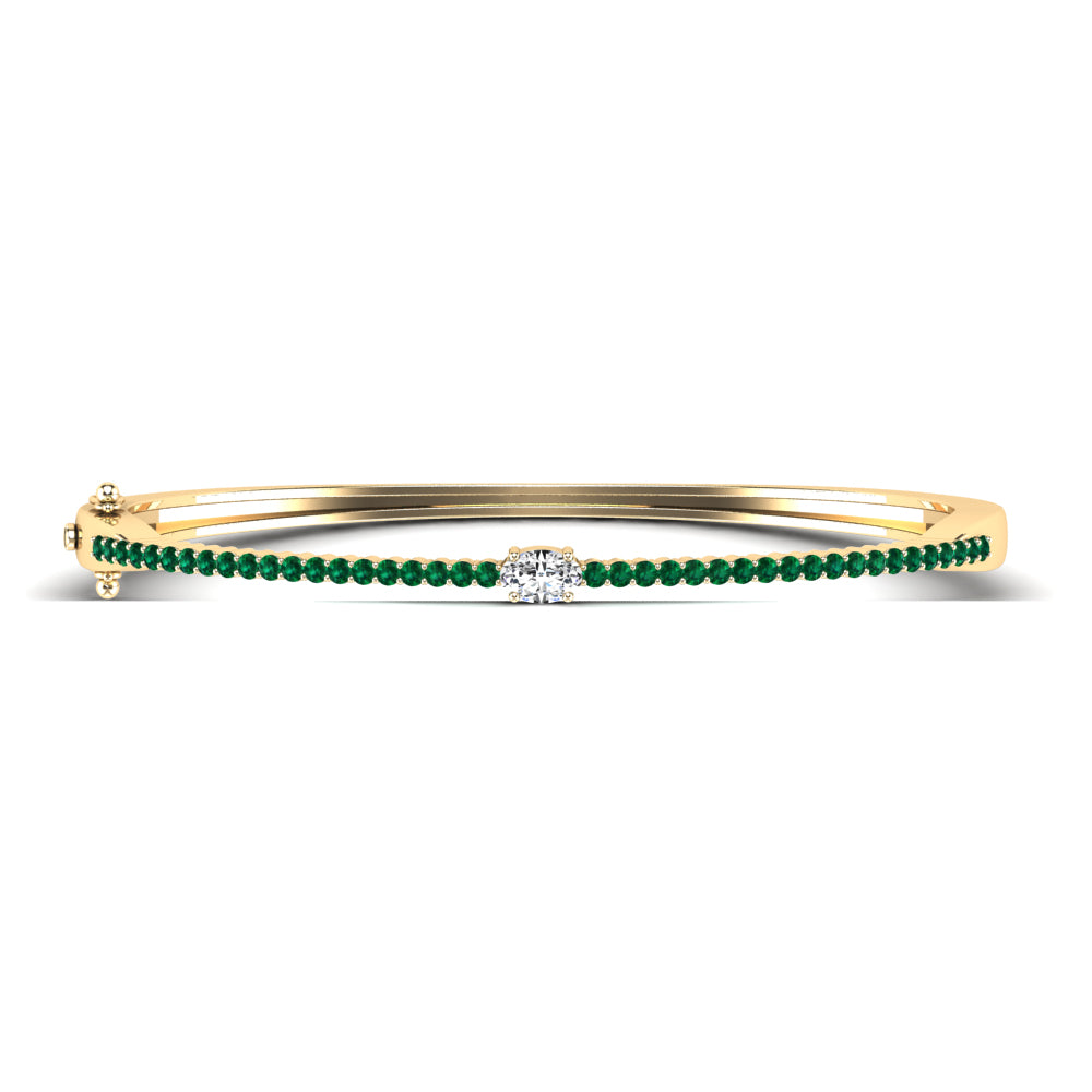 Oval Diamond & Emerald Bangle Bracelet in 14K Yellow Gold- 5.5 Inch Wrist