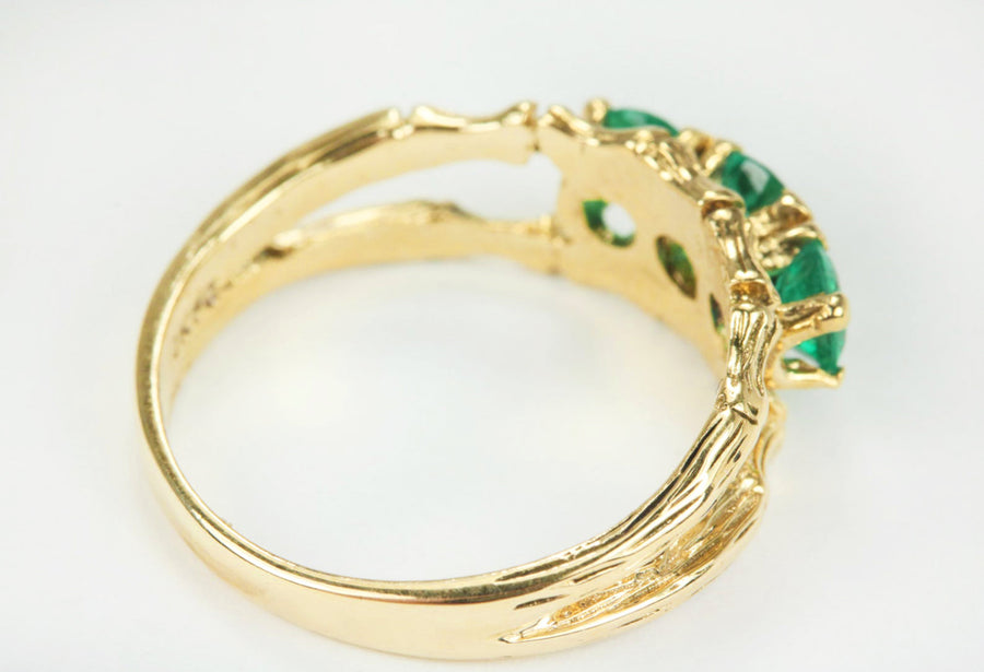 0.80tcw Three Stone Round Colombian Emerald Bamboo Gold Ring 10K – JR ...