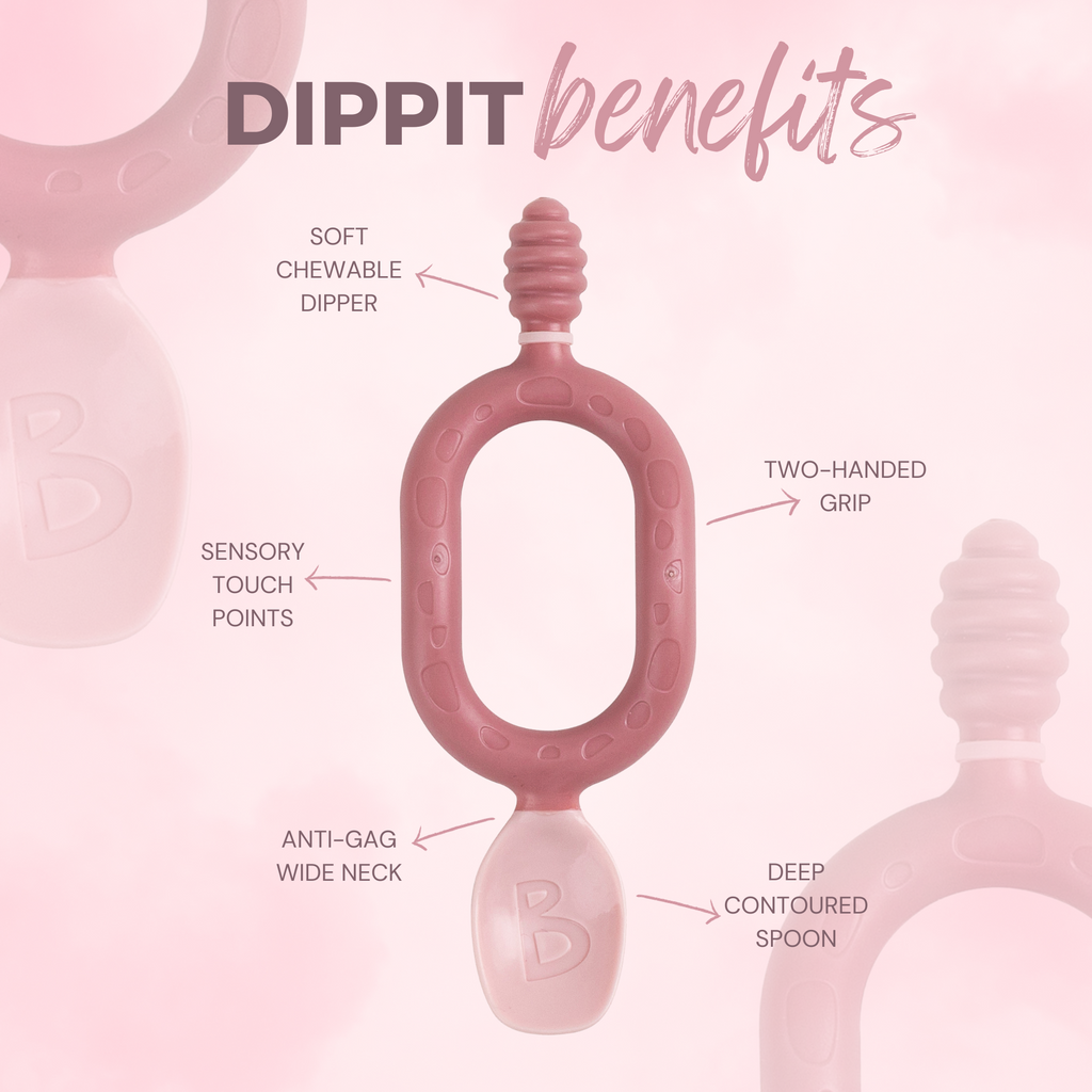Benefits of the Dippit tool against a soft pink background, with the Dippit in shade Blush as the focal point