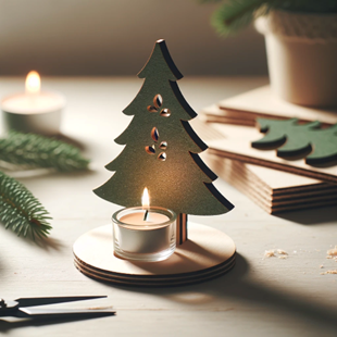 A Christmas tree candle holder made from MDF wood and spray-painted green.