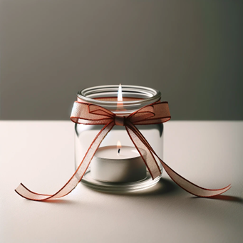 A tea light in a glass jar with a sparkly ribbon tied in a bow wrapped around it.