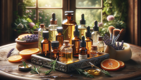 A selection of soap fragrance oils in dropper bottles among herbs and fruit.