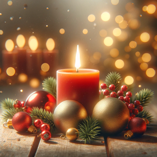 A red candle surrounded by twinkling lights and baubles.